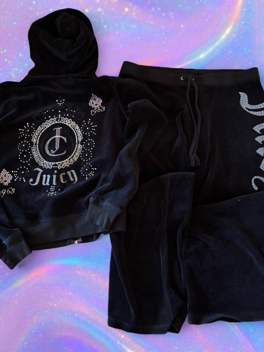 Vintage Juicy Couture Black Velour Tracksuit - Hooded Jacket & Pants Set